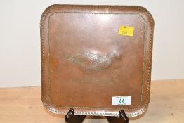 A sweet late 20th-century copper tray, featuring a central repoussé Red Breasted Goose motif with
