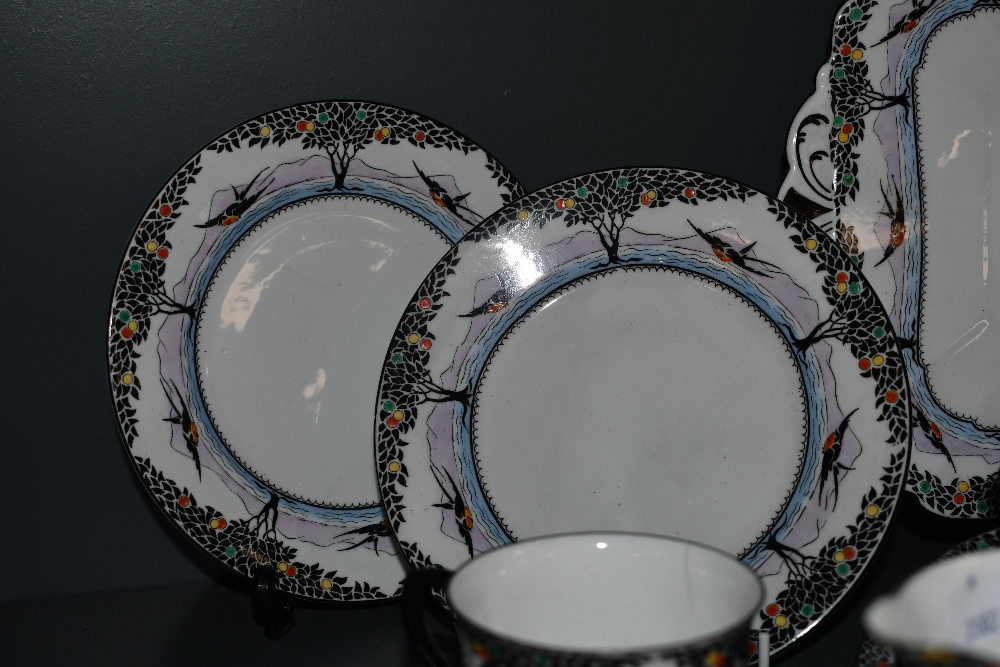 An early 20th-century Art Deco-style Shelley 'Swallows and Balloon Trees' bone china part tea set, - Image 4 of 5