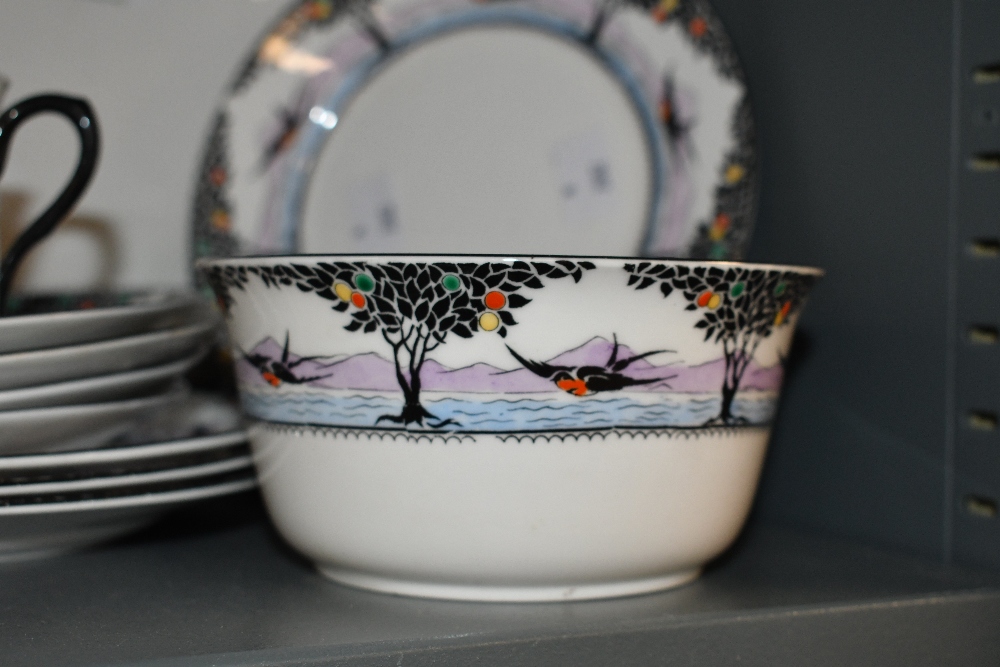 An early 20th-century Art Deco-style Shelley 'Swallows and Balloon Trees' bone china part tea set, - Image 3 of 5