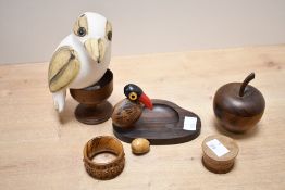A small selection of late 19th to early 20th-century sundry wood wares, to feature a YZ NutBird