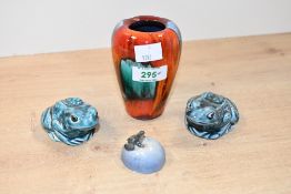 A small 20th-century Poole Pottery 'Gemstone' bud vase; sold with a pair of Poole Pottery blue frogs