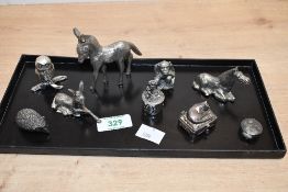 A selection of vintage miniature pewter figurines, to feature a sweet pair of donkeys; an owl; a