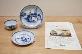 Three pieces of 18th-century Chinese Nanking Cargo porcelain, featuring delicate blue and white hand