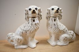 Two 20th-century Staffordshire-style Spaniels, featuring gilt detailing, approximately 28cm, both
