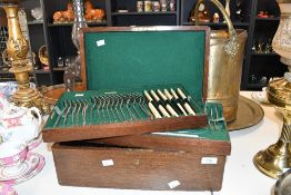 A 20th century oak canteen of Walker & Hall silver plate and stainless steel flatware and cutlery,