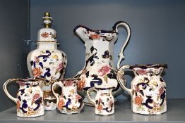 A small selection of 20th-century Mason's Ironstone 'Mandalay' ewers, of varying sizes and forms;