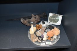 A collection of fossils, minerals and ammonites, to feature by repute a deep red rock labelled '