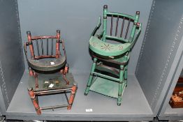 Two vintage Folk Art-style wooden doll chairs, featuring hand painted floral decorations upon a deep