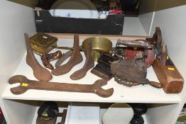 A selection of 19th to 20th-century wrought iron and metal tools, to feature a large wrench, a