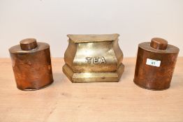 A pair of late 19th-century Joseph Sankey and Sons copper tea caddies, featuring an etched Art