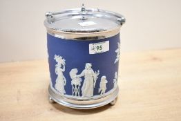 A 20th-century Wedgwood jasper ware biscuit barrel, having silver-plated fittings, including a lid