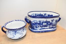 Two late 19th-century to early 20th-century blue and white ceramic transferwares, to feature a large
