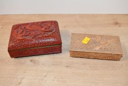 A Chinese style red cinnibar lacquer jewellery box, having a blue painting interior, along with a