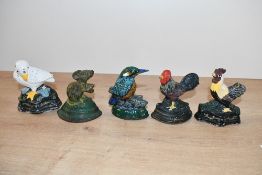A small selection of vintage cast-metal doorstops, to feature a goose, a cockerel, a kingfisher, a