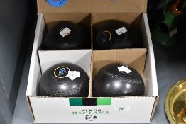 A set of four vintage Taylor Lignoid Bowling balls, marked, (4), condition is consistent with age