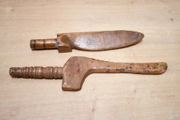 Two 19th-century wood knitting stick/sheath, to feature a large goose wing example, both