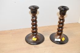 Two vintage stoneware turned barley twist-style candlesticks, unmarked, (2), 22.5cm, condition is