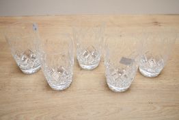 Five late 20th-century Waterford-style tumblers, featuring diamond-cut decoration, all unmarked, (