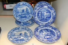 Six 20th-century Spode 'Italian' blue and white transfer dinner plates; sold with six 19th-