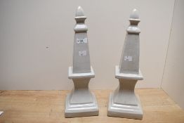 Two decorative late 19th to early 20th-century ceramic obelisks, impressed to base, approximately