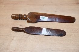 Two 19th-century wood knitting sticks/sheafs, to feature a large goose wing example, both