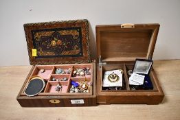 Two wooden jewellery boxes, containing a small assortment of costume jewellery including clip on