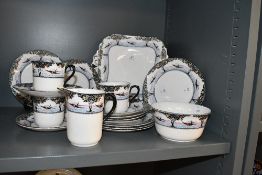 An early 20th-century Art Deco-style Shelley 'Swallows and Balloon Trees' bone china part tea set,