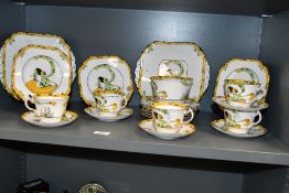 A early 20th-century Melba bone china 'Dolly Varden' part tea set, featuring transfer printed Art