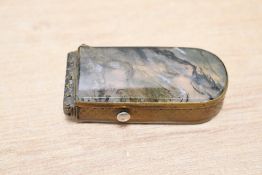 A late 19th-century gilt metal and moss agate vesta case, having matches inside, unmarked, 6cm,