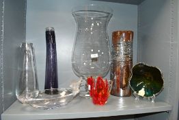 A quantity of unusual 20th-century studio glass ware, to include a large hurricane vase, featuring a