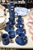 An attractive 1970's blue glazed six piece coffee set, unmarked but believed to be Carlton Ware