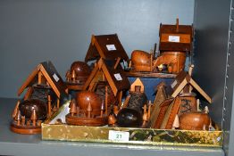 A selection of unusual vintage Folk Art-style wooden carvings, to mainly depict 'The Old Woman who