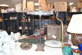 A large 19th-century wrought iron and brass shop scales, to feature an ornate finial and twisted