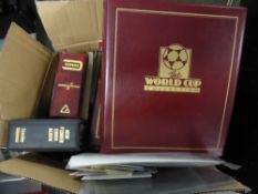 WORLDWIDE COLLECTIONS INCLUDING 3 VOLUMES OF WORLD CUP STAMPS Box with 3 World Cup stamps along with