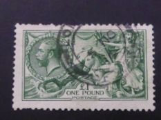GB 1913 £1 POUND GREEN, SEAHORSE, FINE USED WITH DOUBLE CIRCULAR DATE STAMP Well centred example
