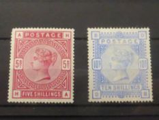 GB 1883 5 & 10 SHILLING ON WHITE PAPER BOTH VALUES MOUNTED MINT Fine duo of the large coloured