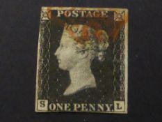 GB 1840 1D BLACK 4 MARGINS CORNER LETTERS SL, FINE USED WITH RED MALTESE CROSS Four margin black