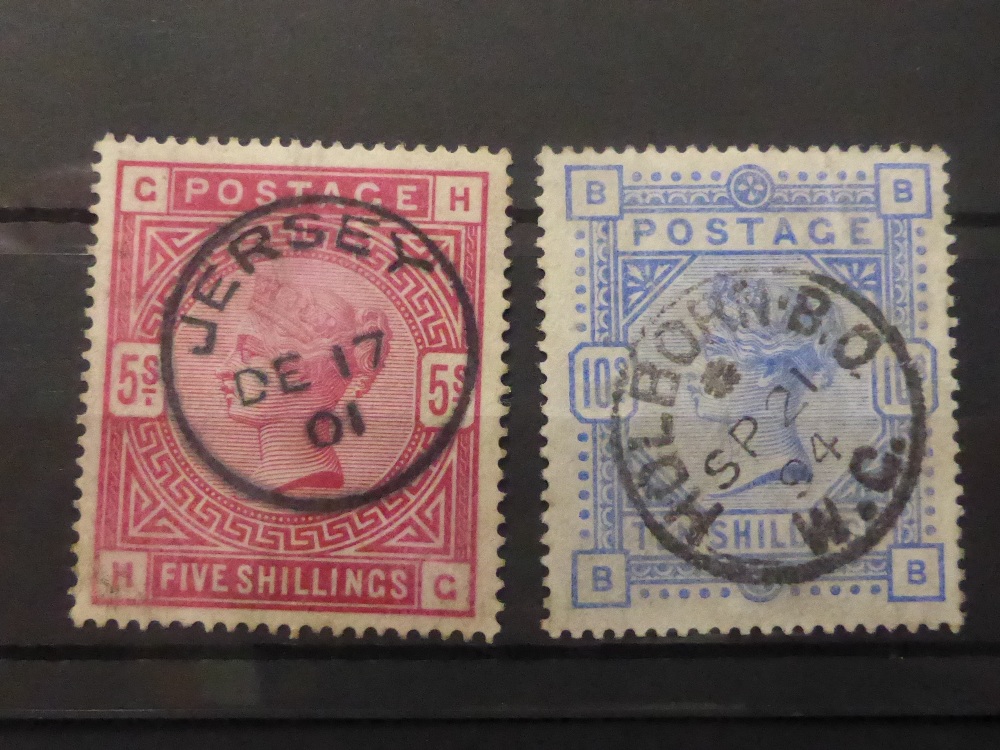 GB 1883 5 & 10 SHILLING ON WHITE PAPER BOTH VALUES FINE USED WITH CDS's Fine duo of the large