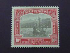ST KITTS-NEVIS 1923 TERCENTENARY OF COLONY, 10 SHILLING, FINE MINT (SG58) Lovely example with