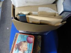 WORLDWIDE BOX WITH VARIOUS ALBUMS, TINS, ENVELOPES ALL ERAS Accumulation of various worldwide