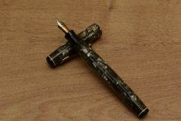 A Parker Parkette De Luxe lever fill fountain pen Green Grey marble with three narrow cap bands