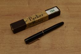 A boxed Parker Televisor button fill fountain pen in Black with single narrow cap band having a