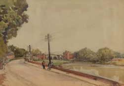 Samuel John Lamorna Birch (British 1869-1955) Watercolour, a village river scene, signed lower