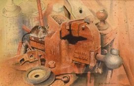 D R Gawthorpe (British Contemporary) Watercolour, a study of a small mouse in a workshop, signed