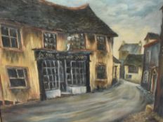 Bircher (British 20th Century) Oil on board, a winding street scene with 'Ye Olde Curiosity Shoppe',