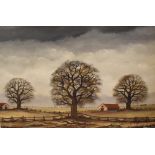 Horsfield (British 20th Century) Oil on board 'Autumn Morning', a study of farmland with grey skies,
