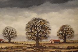 Horsfield (British 20th Century) Oil on board 'Autumn Morning', a study of farmland with grey skies,