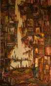 Trevor Lawrence (British 1944 - 2012) Oil on canvas, a bustling street scene with vibrant