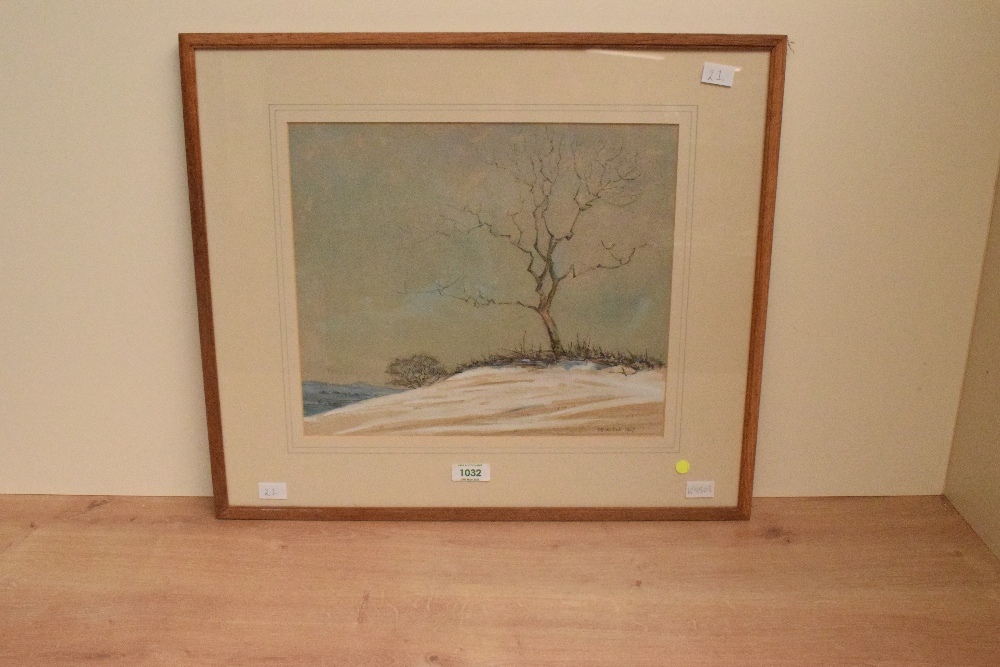 D. E. Willink (British 20th Century) Watercolour, a lone hillside tree in winter, signed and - Image 2 of 5