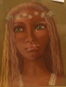 A 20th Century oil pastel portrait, depicting a young crying young woman in flower crown, unsigned